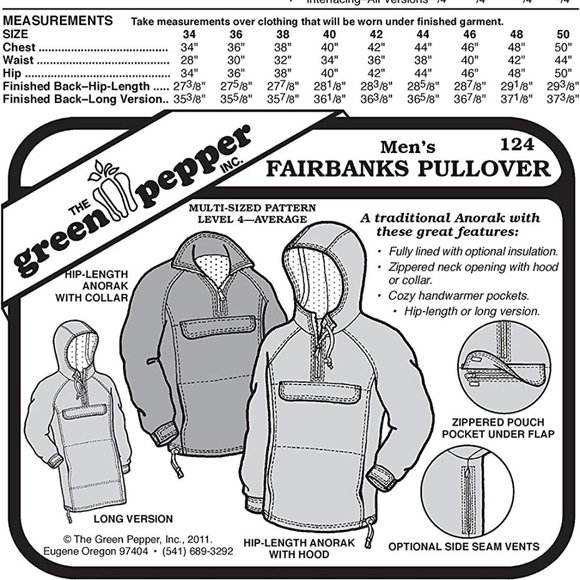 Men's Fairbanks Pullover Coat Jacket #124 Sewing Pattern Size 34-50 - Picture 1 of 2